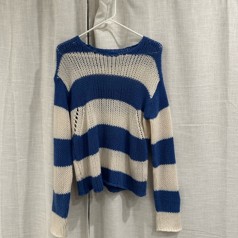 Zadig & Voltaire Blue and Cream Striped Open-Knit Crew Sweater